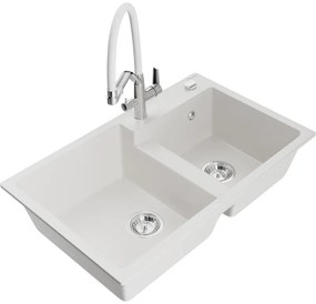Mexen Tomas kéttálcás gránit mosogató kettős konyhai csapteleppel, fehér - 6516-20-671701-02