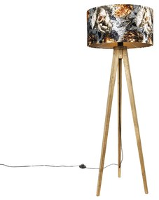 Vintage állólámpa fa árnyékolóval virágmintás 50 cm - Tripod Classic