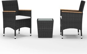 vidaXL 3 részes fekete polyrattan és edzett üveg bisztrószett