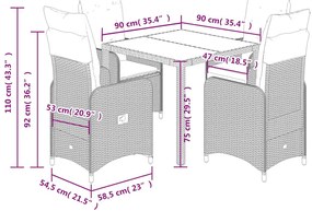 vidaXL 5 részes barna polyrattan kerti bisztrógarnitúra párnákkal