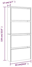 4 szintes magasfényű fehér cipőszekrény tükörrel 63x17x134 cm