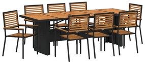 9 darabos kerti étkezőszett fekete poly rattan akáciából