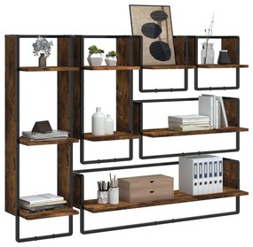 vidaXL 6 részes füstölt tölgy színű szerelt fa fali polc szett rúddal