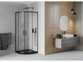 Mexen Rio, negyed kör alakú zuhanykabin tolóajtóval 80 x 80 cm, 5mm átlátszó üveg, fekete profil + fekete zuhanytál, 863-080-080-70-00-4170B
