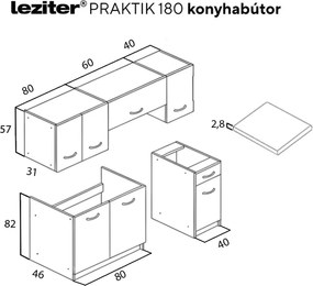 Praktik 180 konyhabútor, fehér korpusz, sonoma tölgy front