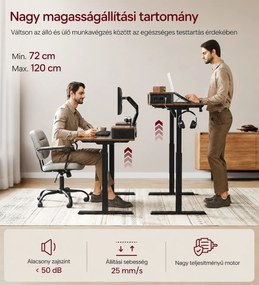 Magasságállítható elektromos íróasztal, 60 x 120 cm, vintage barna/fekete, cserélhető állítható lábakkal és görgőkkel