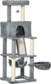 PawHut Macska Kaparófa Felnőtt Macskák és Kiscicák Számára Zsineg Posztokkal, Házzal, Pihenőfelülettel és Plüss Hintákkal, 48x48x140cm, Szürke | Aosom