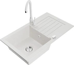 Mexen Pablo gránit mosogató 1-medencés csepptálcával és Telma konyhai csapteleppel, fehér - 6510-20-670200-20