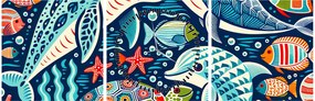 Kép – Rajzolt vízi állatok (órával) (90x30 cm)