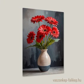 Piros gerbera csokor vázában – elegáns prémium falikép 40x60cm
