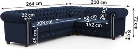 Kék bársony kinyitható sarokkanapé (jobb oldali-L alakú) York Blik – Ropez