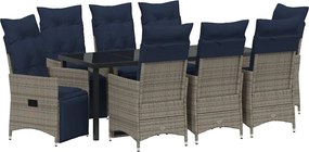 vidaXL Asztal és szék szett párnával 9 pcs Szürke PE Rattan