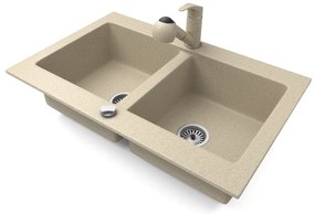 Gránit mosogatótálca NERO Verso + kihúzható zuhanyfejes Shower csaptelep + dugókiemelő (bézs)