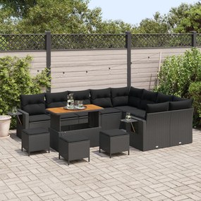 12 darabos kerti kanapé szett párnákkal, fekete poli rattan, 3 darabos kerti étkező szett párnákkal, fekete poli rattan