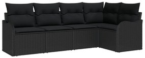 5 darabos kerti kanapé szett, párnákkal, fekete poly rattan, 2 fős kerti kanapé tárolóval és párnákkal, fekete poly rattan
