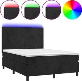 vidaXL fekete bársony rugós és LED-es ágy matraccal 140x200 cm