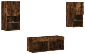 4 darab füstös tölgy színű falra szerelhető TV-szekrény LED-del