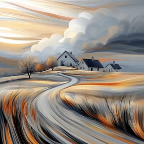 Vászonkép Canvas Tájkép Falu Mező Házak Ég Felhők 40x40