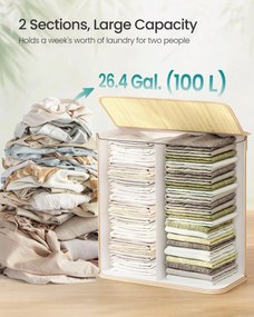 Fedeles bambusz mosókosár, 100 L, 2 rekeszes, hajtogatható bélészsákkal