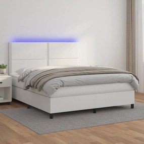 fehér műbőr rugós ágy matraccal és LED-del 160x200 cm