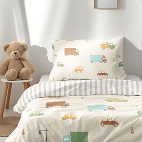 Goldea gyermek pamut ágyneműhuzat - az autók világa, latte csíkos hátoldal 150 x 200 és 50 x 60 cm