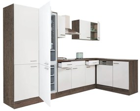Yorki 340 sarok konyhabútor yorki tölgy korpusz,selyemfényű fehér fronttal polcos szekrénnyel és alulfagyasztós hűtős szekrénnyel