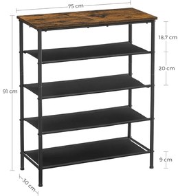 Cipőtároló polc 4 szövet polccal, rusztikus barna, fekete 75x30x91cm