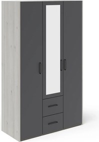 Malmo 3 ajtós, 2 fiókos tükrös ruhásszekrény, Fehér tölgy / Antracit, 120 x 52 x 200 cm