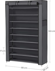 10 szintes cipőtároló porvédő huzattal, 28 x 88 x 160 cm,  40–50 pár cipőnek, szürke
