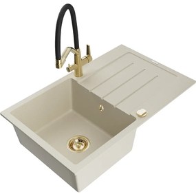 Mexen Bruno 1-kamrás gránit mosogató csepegtetővel és Duo konyhai csappal, bézs - 6513-69-671701-57-G