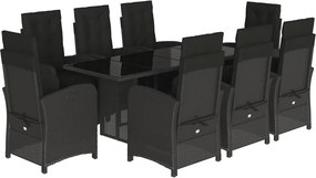vidaXL 9 részes fekete polyrattan kerti étkezőgarnitúra párnákkal