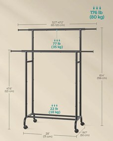 SONGMICS Dupla Görgethető Ruhatartó Állvány, 120 cm, Matt Fekete