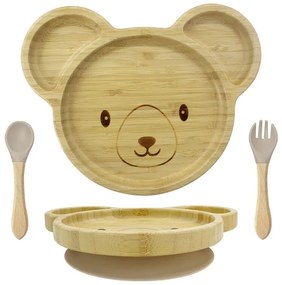 Elite Home® mackó formájú bambusz tányér tapadókorongos talppal, gyermek étkezőkészlet szilikon fejű kanállal és villával, 3 db-os szett
