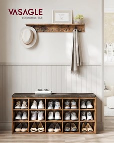 Cipőtartó pad, tárolós pad párnázott ülőfelülettel 30 × 105 × 48 cm, rusztikus barna színben