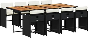 vidaXL 9 részes fekete polyrattan kerti étkezőgarnitúra párnákkal