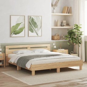 sonoma tölgy színű szerelt fa ágykeret fejtámlával 200 x 200 cm