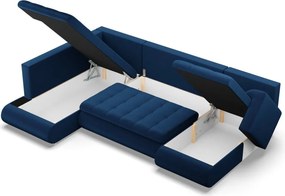 Tokio U sarokkanapé, 3 ágyneműtartóval, bársony, baloldali, kék