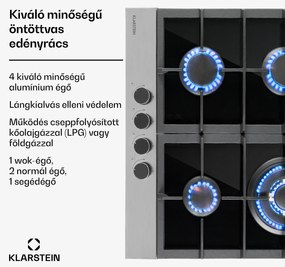 Klarstein Alchemist, gázfőzőlap, 4 alumínium égő, üvegkerámia, fekete