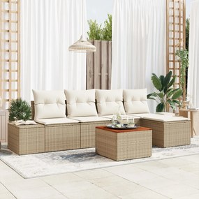 6 Darabos Kerti Sofa Szett Párnákkal Bézs Poli Rattan Akáciából
