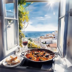 Canvas Vászonkép Ablak Konyha Tenger Paella Bor Spanyolország 80x80