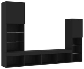 4 darab fekete szerelt fa fali TV-bútor LED-del