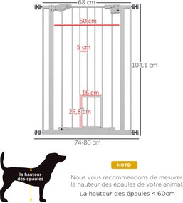 PawHut 104 cm-es Állatbiztonsági Kapu Automatikus Záródású Ajtóval, Kettős Zárású Rendszerrel, Fúrás Nélkül, 74-80 cm-ig, Fehér Acél | Aosom
