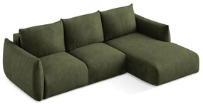 Zöld zsenília kinyitható sarokkanapé (jobb oldali-heverő résszel) Leila – Makamii