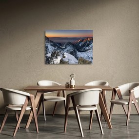 Üveg kép - Napfelkelte a hegyekben (70x50 cm)