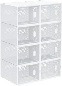 HOMCOM 8 darabos Cipődoboz Készlet, Cipőtartó Mágneses Ajtókkal, Cipődoboz Fedéllel, Műanyag Cipőtároló 45-ös Méretig, Átlátszó+Fehér | Aosom