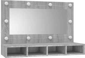 Szürke sonoma színű tükrös szekrény LED-ekkel 90 x 31,5 x 62 cm
