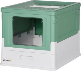 PawHut Zárt Macska WC Kivehető Higiéniai Tálcával, Elülső Bejárattal és Felső Kilépővel, Lapáttal Macskák Számára 5 kg-ig 47,5x35,5x36,7 cm Zöld és Fe
