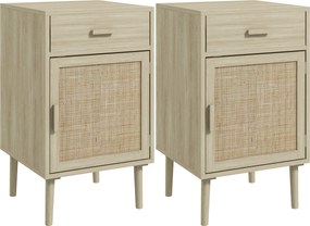 HOMCOM 2 db Éjjeli Székasztal Rácsos Fiókkal és Állítható Polccal a Hálószobába és Nappaliba 40x40x68,5 cm Tölgy | Aosom