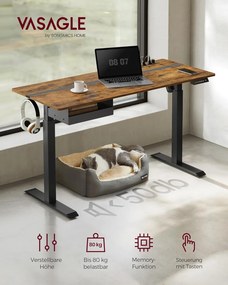 Elektromosan állítható íróasztal beépített aljzatokkal, 2 USB-porttal, fiókkal és 4 memóriahellyel, 140 x 60 x 72–120 cm, vintage barna/fekete