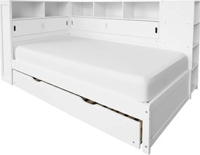 Ágy polcokkal és pótággyal, fehér, 90x200, LENDON